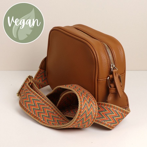 Classic Tan Vegan Leather Camera Bag with Orange & Sage Chevron Woven Strap by Peace of Mind